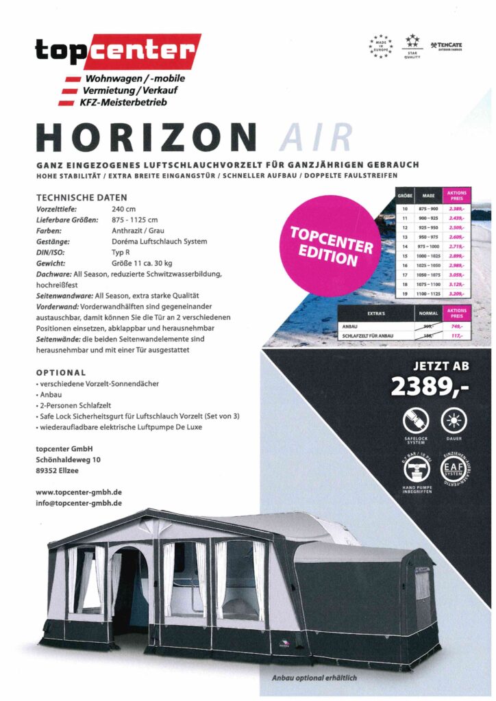 Vorzelt Horizon Air, topcenter in Ellzee, Campingzubehör für Eohnwagen & Wohnmobile
